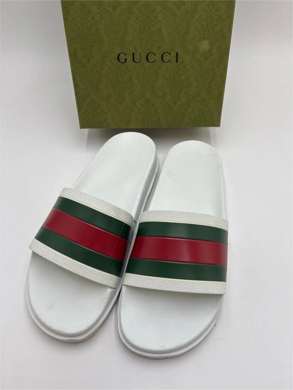 Gucci White Slides with Green and Red Striped Strap